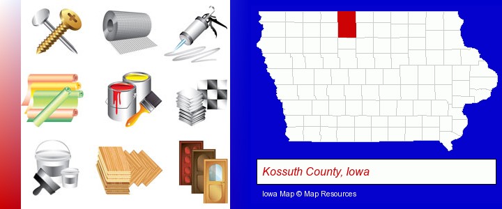 representative building materials; Kossuth County, Iowa highlighted in red on a map