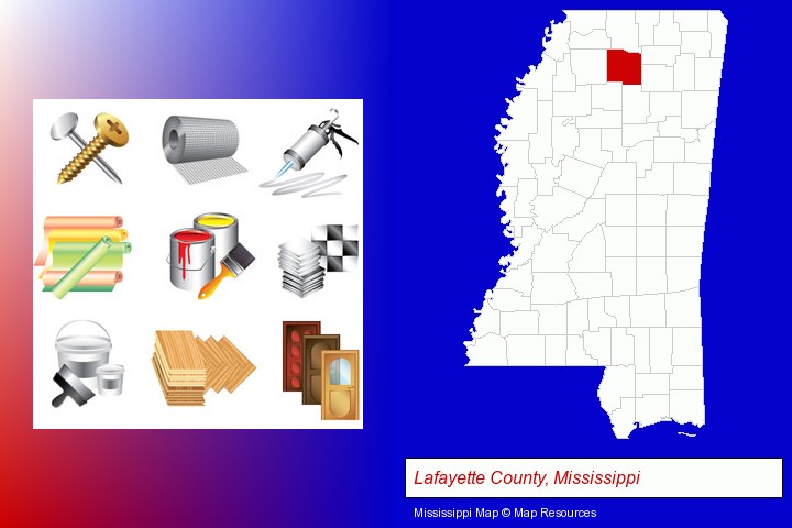 representative building materials; Lafayette County, Mississippi highlighted in red on a map