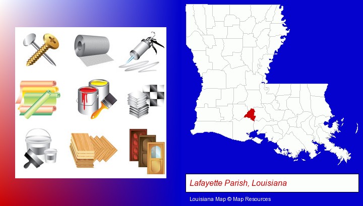 representative building materials; Lafayette Parish, Louisiana highlighted in red on a map