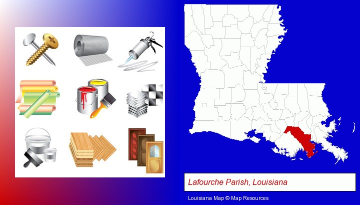 representative building materials; Lafourche Parish, Louisiana highlighted in red on a map