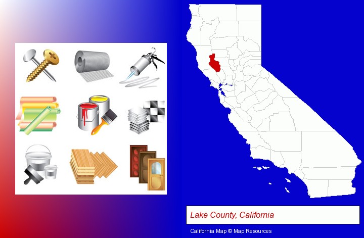 representative building materials; Lake County, California highlighted in red on a map