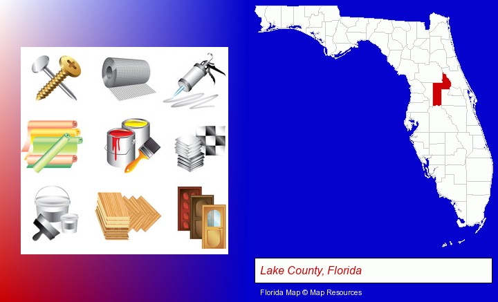 representative building materials; Lake County, Florida highlighted in red on a map