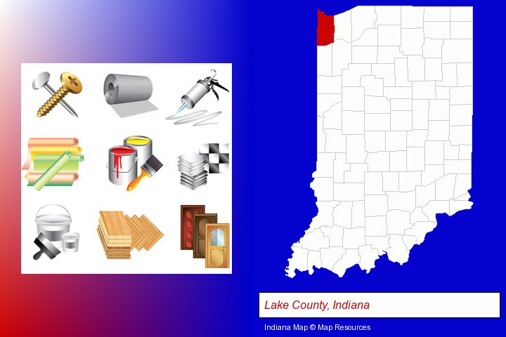 representative building materials; Lake County, Indiana highlighted in red on a map