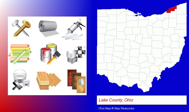 representative building materials; Lake County, Ohio highlighted in red on a map