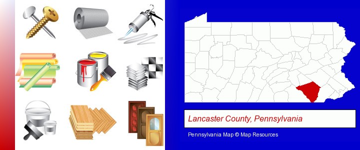 representative building materials; Lancaster County, Pennsylvania highlighted in red on a map
