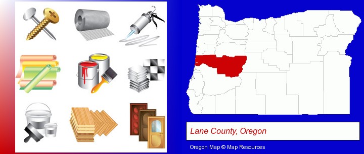 representative building materials; Lane County, Oregon highlighted in red on a map