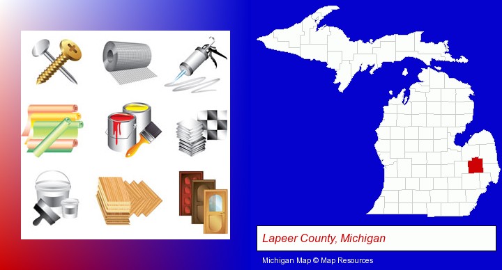 representative building materials; Lapeer County, Michigan highlighted in red on a map