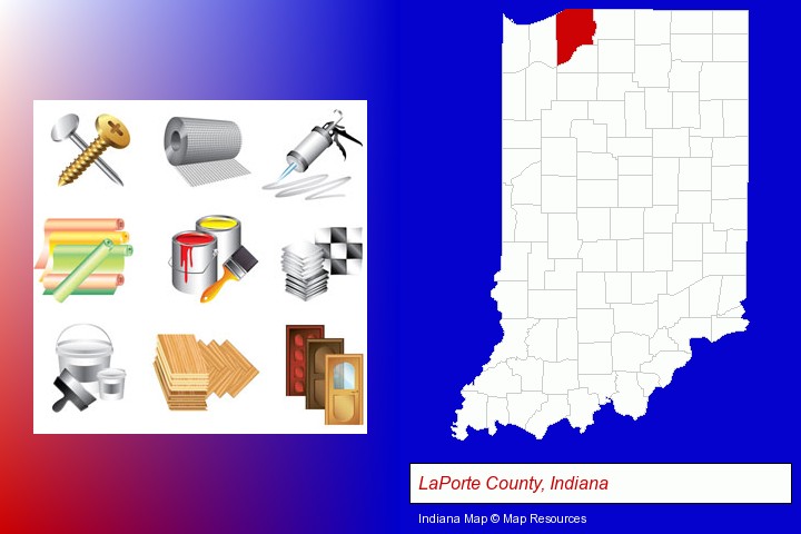 representative building materials; LaPorte County, Indiana highlighted in red on a map