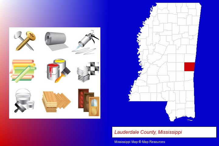 representative building materials; Lauderdale County, Mississippi highlighted in red on a map