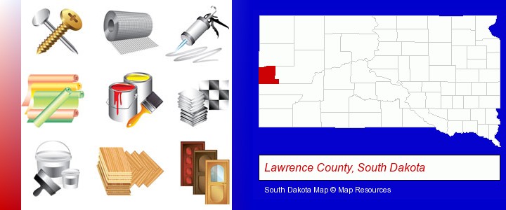 representative building materials; Lawrence County, South Dakota highlighted in red on a map
