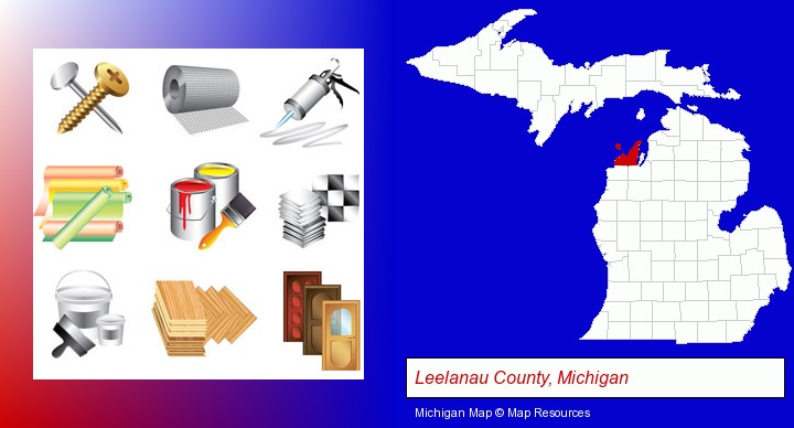 representative building materials; Leelanau County, Michigan highlighted in red on a map