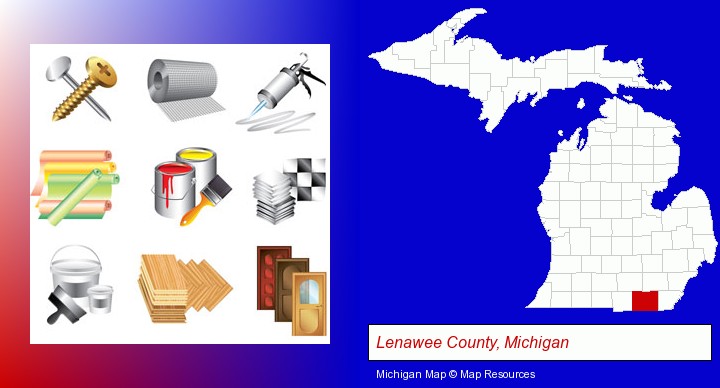 representative building materials; Lenawee County, Michigan highlighted in red on a map