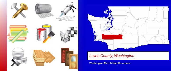 representative building materials; Lewis County, Washington highlighted in red on a map