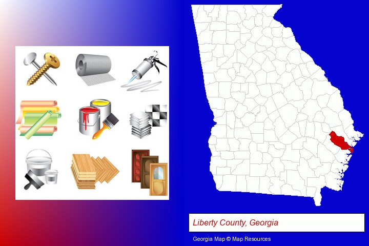 representative building materials; Liberty County, Georgia highlighted in red on a map