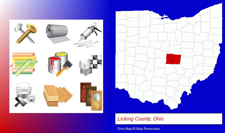 representative building materials; Licking County, Ohio highlighted in red on a map