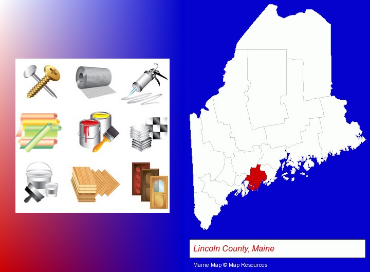 representative building materials; Lincoln County, Maine highlighted in red on a map