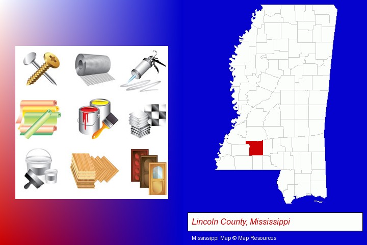representative building materials; Lincoln County, Mississippi highlighted in red on a map