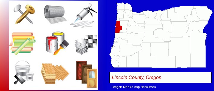 representative building materials; Lincoln County, Oregon highlighted in red on a map