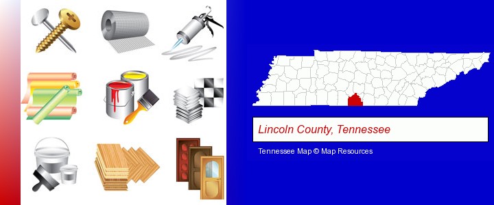 representative building materials; Lincoln County, Tennessee highlighted in red on a map