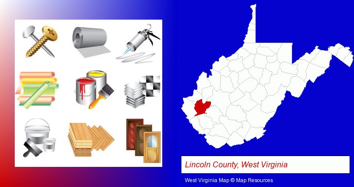 representative building materials; Lincoln County, West Virginia highlighted in red on a map