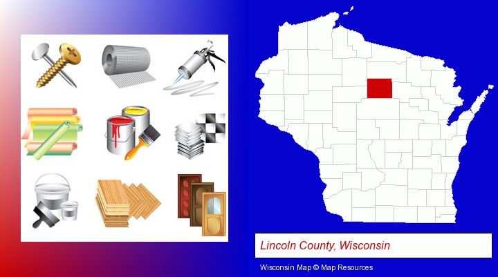 representative building materials; Lincoln County, Wisconsin highlighted in red on a map