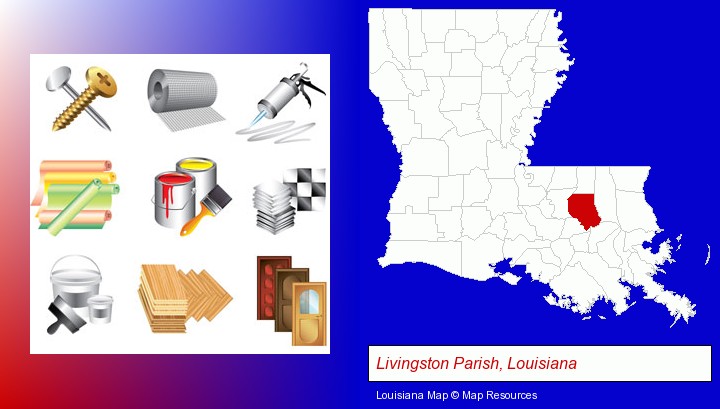 representative building materials; Livingston Parish, Louisiana highlighted in red on a map