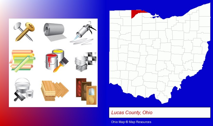 representative building materials; Lucas County, Ohio highlighted in red on a map