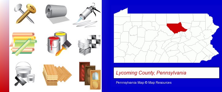 representative building materials; Lycoming County, Pennsylvania highlighted in red on a map