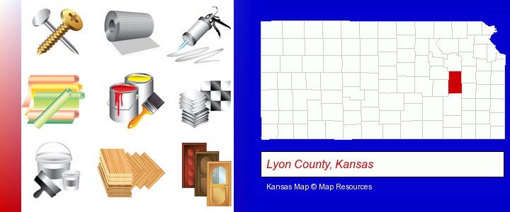 representative building materials; Lyon County, Kansas highlighted in red on a map