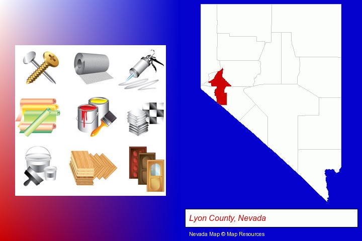 representative building materials; Lyon County, Nevada highlighted in red on a map