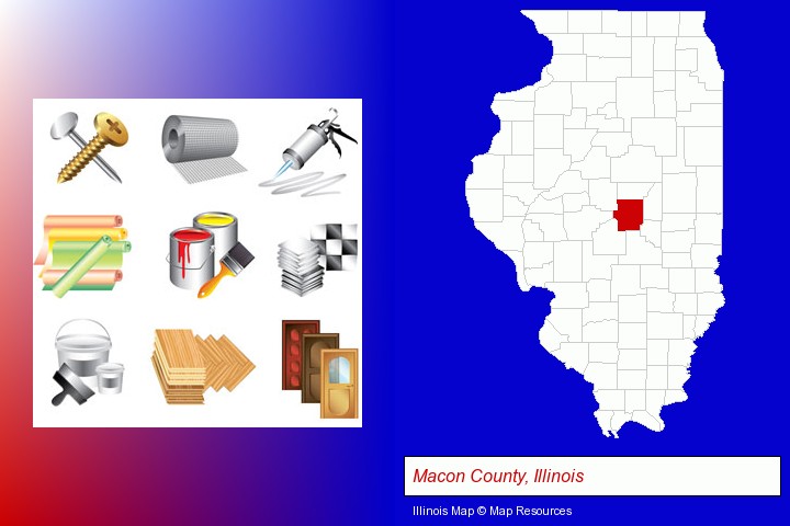 representative building materials; Macon County, Illinois highlighted in red on a map