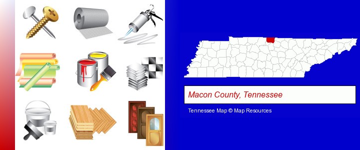 representative building materials; Macon County, Tennessee highlighted in red on a map