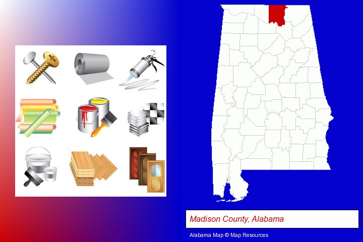 representative building materials; Madison County, Alabama highlighted in red on a map