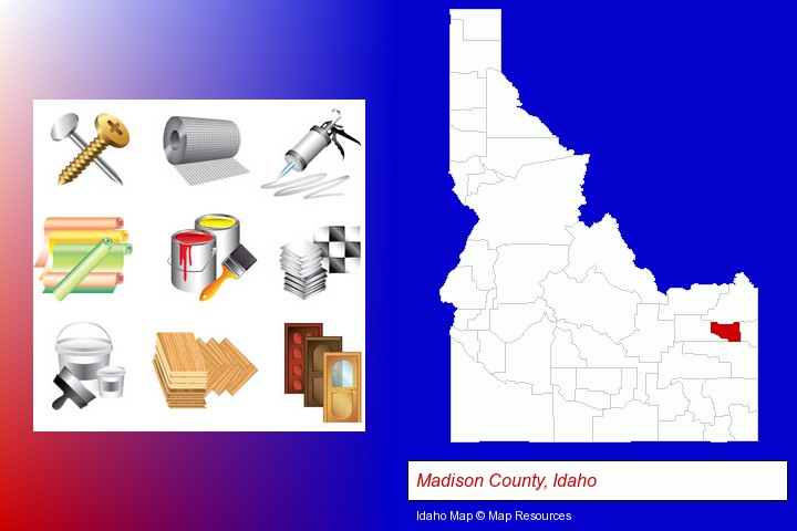 representative building materials; Madison County, Idaho highlighted in red on a map