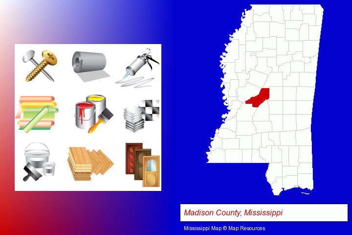 representative building materials; Madison County, Mississippi highlighted in red on a map