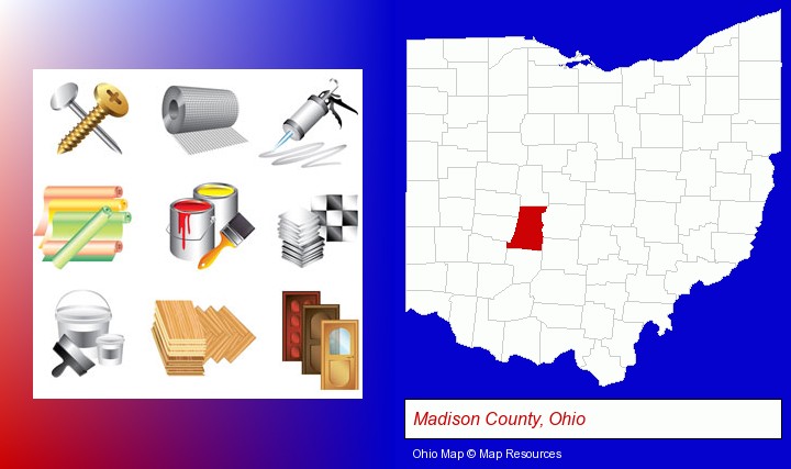 representative building materials; Madison County, Ohio highlighted in red on a map