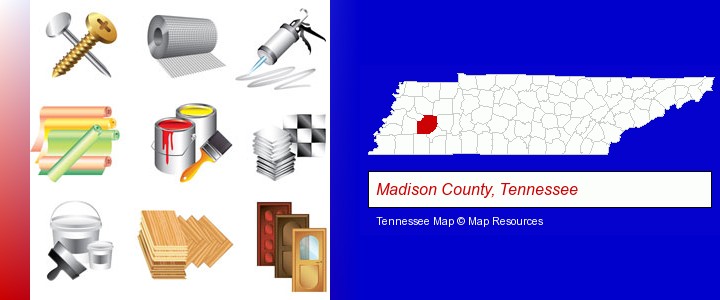 representative building materials; Madison County, Tennessee highlighted in red on a map