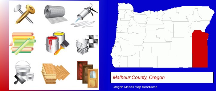 representative building materials; Malheur County, Oregon highlighted in red on a map