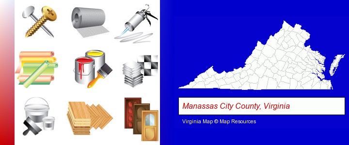 representative building materials; Manassas City County, Virginia highlighted in red on a map