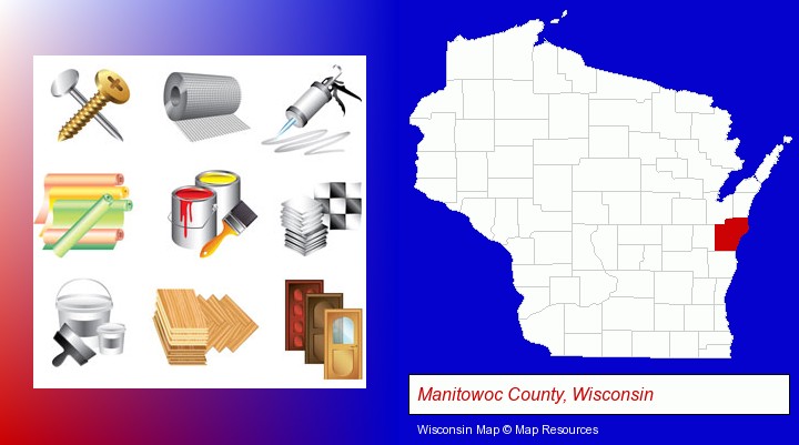 representative building materials; Manitowoc County, Wisconsin highlighted in red on a map