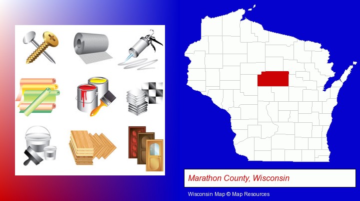 representative building materials; Marathon County, Wisconsin highlighted in red on a map