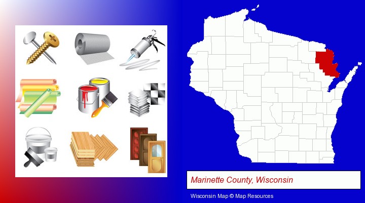 representative building materials; Marinette County, Wisconsin highlighted in red on a map