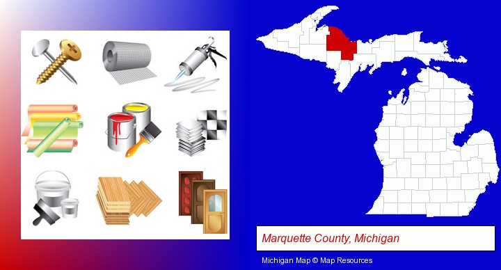representative building materials; Marquette County, Michigan highlighted in red on a map