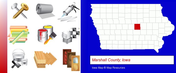 representative building materials; Marshall County, Iowa highlighted in red on a map