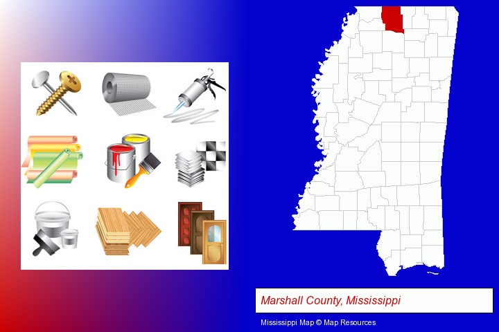 representative building materials; Marshall County, Mississippi highlighted in red on a map