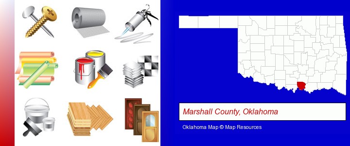 representative building materials; Marshall County, Oklahoma highlighted in red on a map