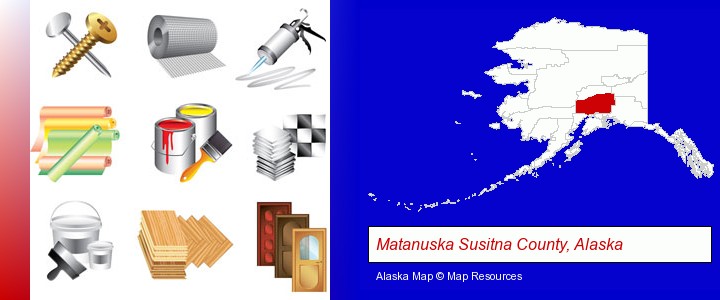 representative building materials; Matanuska Susitna County, Alaska highlighted in red on a map