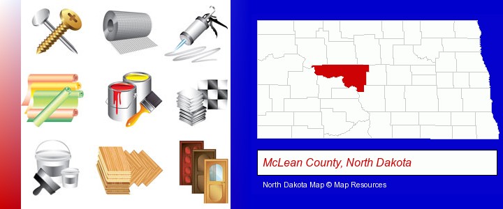 representative building materials; McLean County, North Dakota highlighted in red on a map
