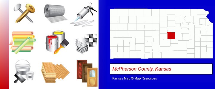 representative building materials; McPherson County, Kansas highlighted in red on a map