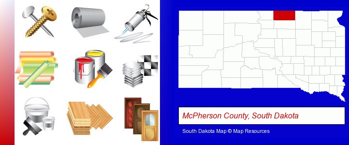 representative building materials; McPherson County, South Dakota highlighted in red on a map